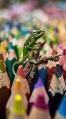A small lizard is sitting on top of a pile of colored pencils. AI.