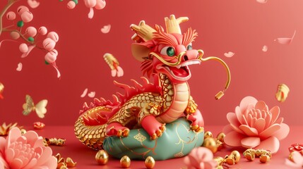 This CNY poster features a dragon wrapped around a fortune bag full of gold on a pink mat. Text: Happy new year. Fortune...