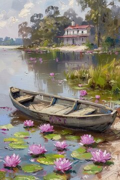 A painting of a boat on a lake with pink flowers in the foreground