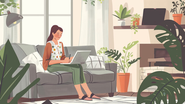 Woman paying bills online, sitting in living room, working on notebook. Online banking, internetbanking at home throught website, app. Generative AI
