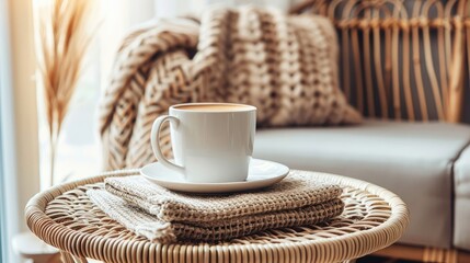 A white coffee cup sits on a table with a white plate and a blanket - Powered by Adobe