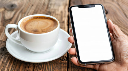 Fototapeta na wymiar A person holding a cell phone next to a white coffee cup