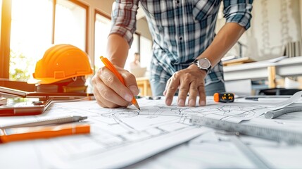 A man is drawing a plan on a piece of paper with a pen