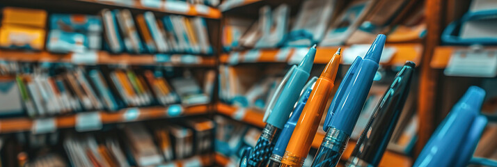 A stationery store with shelves of colorful pens, neatly stacked notebooks, and assorted office supplies. - obrazy, fototapety, plakaty