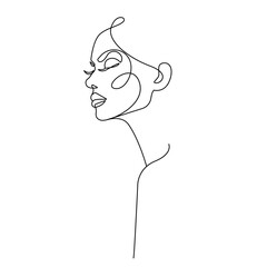 Woman Face Modern Continuous One Line Drawing. Female Art Print Line Drawing Sketch Illustration. Woman Face Modern Print. Minimalist Female Contour Art Design. Vector EPS 10.