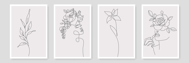 Woman Silhouette with Flowers and Leaves Line Art Vector Drawing. Style Template Set with Female Face and Flowers in Modern Minimalist Simple Linear Style for Beauty Fashion Design, Wall Decor, Poster