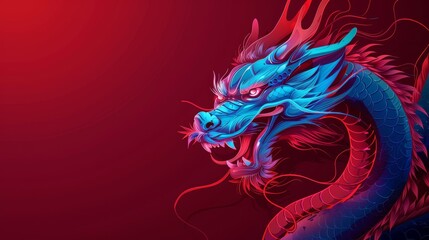 An isolated blue Chinese dragon element on a burgundy background.