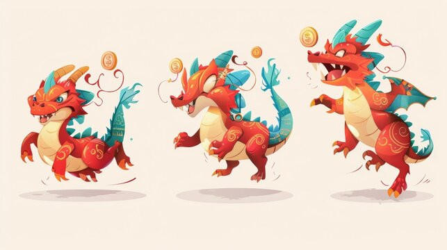Various dragons, some with coins, others without, running while cheering.