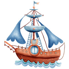 Illustration of a cartoon pirate ship with a flag on a white background
