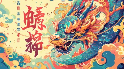 Obraz na płótnie Canvas Poster featuring a vibrant dragon with a pattern tangling around Chinese greeting words. Text: Dragons bring prosperity.