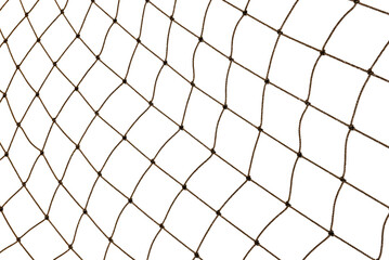 Football or tennis net. torn Rope mesh on a white background close-up. rope in snow