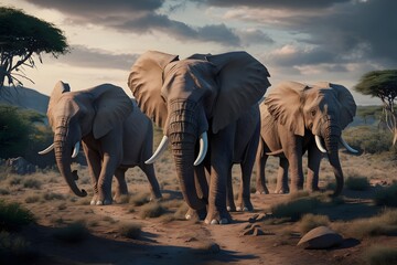 elephants in the savannah - obrazy, fototapety, plakaty