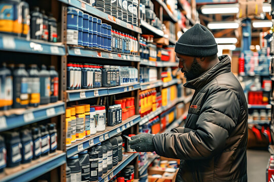 Customer shopping for tools in a well-stocked hardware store aisle, examining products.