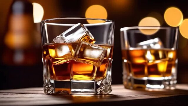 Two glasses filled with whiskey with ice stand on wooden table over bokeh background. Two glasses of whiskey with ice isolated closeup slow motion