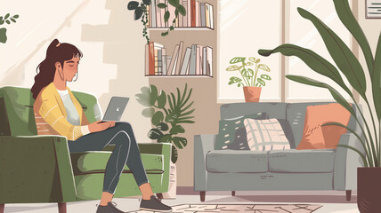 Fototapeta premium Woman paying bills online, sitting in living room, working on notebook. Online banking, internetbanking at home throught website, app. Generative AI