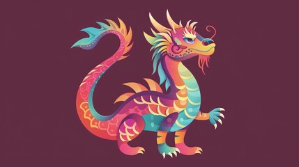 An isolated hand-drawn lunar holiday dragon on a burgundy background.
