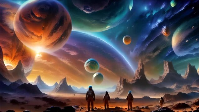 Astronauts stand on an alien surface, mesmerized by the giant planets in the surreal sky above.. AI Generation