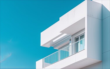 A White Modern Minimalist Building with Balcony, Closeup Shot, Blue Sky Background. High Resolution Photography, Professional Color Grading, Clean Sharp Focus. Natural Light, Minimalistic, Cinematic. 