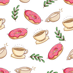 cute breakfast or lunch seamless pattern with donut and tea cup