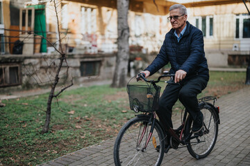Obraz premium Elderly gentleman enjoys a leisurely bike ride through a quiet park, exemplifying health and active lifestyle in retirement.