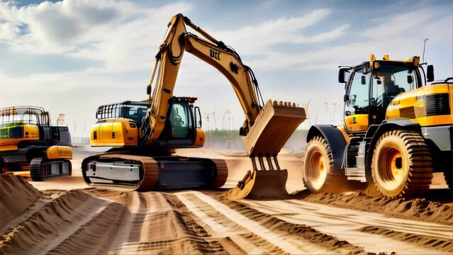 This stock image captures the dynamic action of heavy construction machinery, excavators, and loaders on a busy construction site under a clear sky.. AI Generation