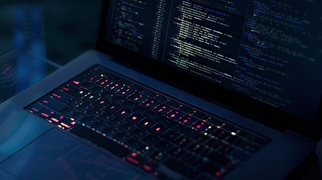 Laptop with code on screen, closeup, hacker aesthetic, dark theme , 8k