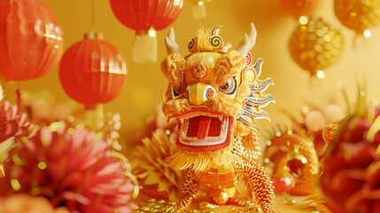 Chinese fortune stick and dragons on yellow background with festive decoration. Text: Happy new year. Make a fortune stick.