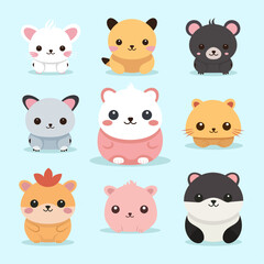 Set of cute animals in various poses on colorful backgorund.Wild and farm animal character cartoon design.