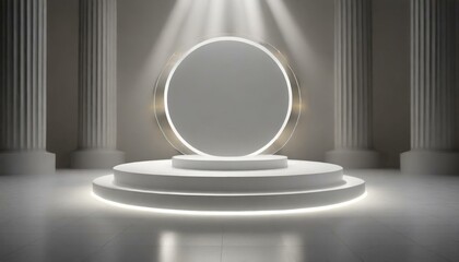 podium on white background 3d render, 3d render of an the round white podium against the platform, stage with columns