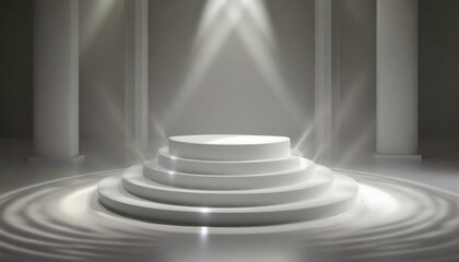 podium on white background 3d render, 3d render of an the round white podium against the platform, stage with spotlight