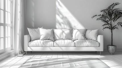 Contemporary sofa, white living room, and blank wall. Generative Ai
