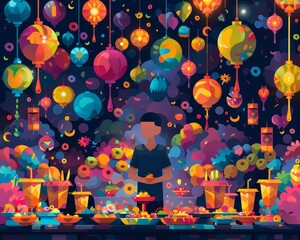 Fototapeta na wymiar A digital illustration of a night market. There are many colorful lanterns hanging in the air. A person is standing in front of a table full of food. The person is wearing a black shirt. The backgroun