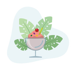Strawberry ice cream cup flat vector Illustration icon decorated with leaves for web use for dessert, frozen, ice cream, sweet, cup.