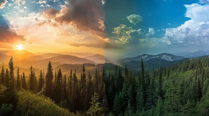 A timelapse photo of a day in the life of a mountain forest, from dawn to dusk on Earth Day - obrazy, fototapety, plakaty