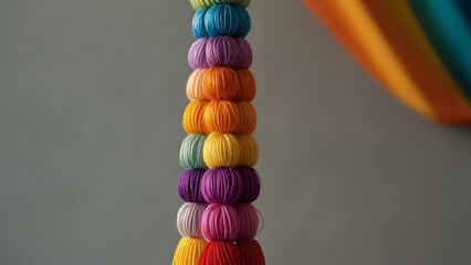 Rainbow color Yarn Tassel Garland stitched to a piece of cloth in selective focus on a wall,  bread - obrazy, fototapety, plakaty