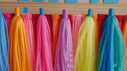 Rainbow color Yarn Tassel Garland stitched to a piece of cloth in selective focus on a wall, ribbon