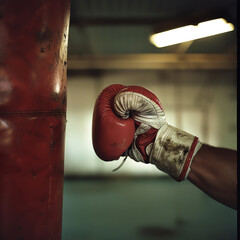 person with red boxing glove in front of a punching bag.