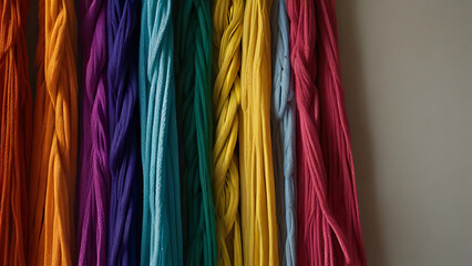 Rainbow color Yarn Tassel Garland stitched to a piece of cloth in selective focus on a wall, thread - obrazy, fototapety, plakaty