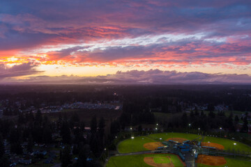 Aerial view of Lacey, Washington at sunset in December