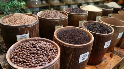 Diverse Collection of Premium Coffee Blends Showcased in a Rustic Market Setting