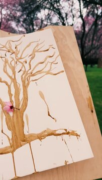 Tree painting painted with coffee, pink flowers blooming