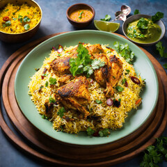 Obraz premium Exotic platter of Hyderabadi chicken biryani