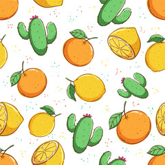 doodle summer pattern with cactus, orange juice and lemon