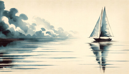Vintage Nautical Illustration with Sailboat - obrazy, fototapety, plakaty