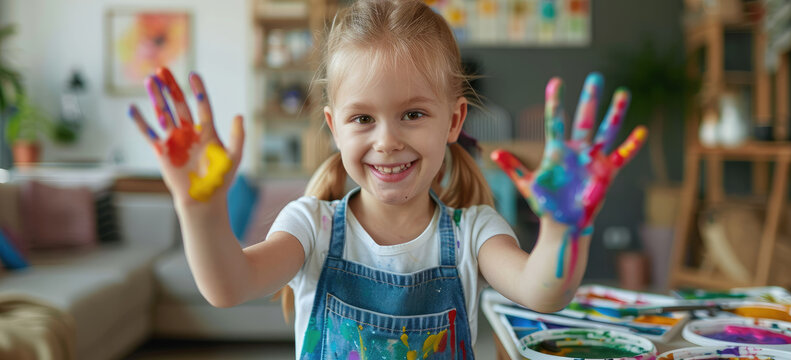 Happy little girl with colorful paint on her hands posing in the living room, playing and having fun at home