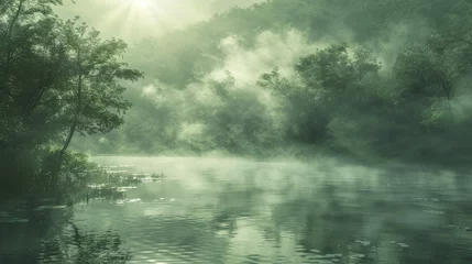 Photo sur Aluminium Olive verte Discover ethereal serenity in the mystical moors, where calming mists veil spiritual landscapes in a shroud of tranquility.