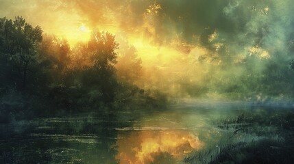 Naklejka premium Exploring the ethereal essence of the Mystic Moors through tranquil mists and mystical landscapes.