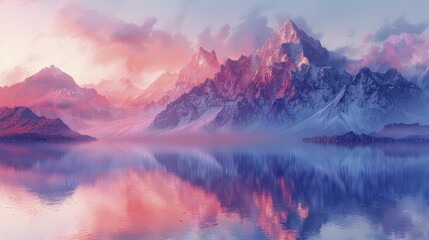 As the sun rises, the ethereal glow envelops the pastel mountains, casting a serene and majestic ambiance at dawn.