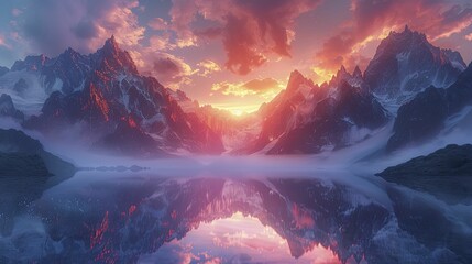 As the sun emerges, hues of pastel cascade over the mountains, enveloping the world in a tranquil serenity at dawn. - obrazy, fototapety, plakaty