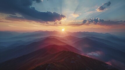 Awakening to the tranquil embrace of dawn, a surreal sunrise paints the sky amidst the majestic peaks of the calming mountain mornings. - obrazy, fototapety, plakaty